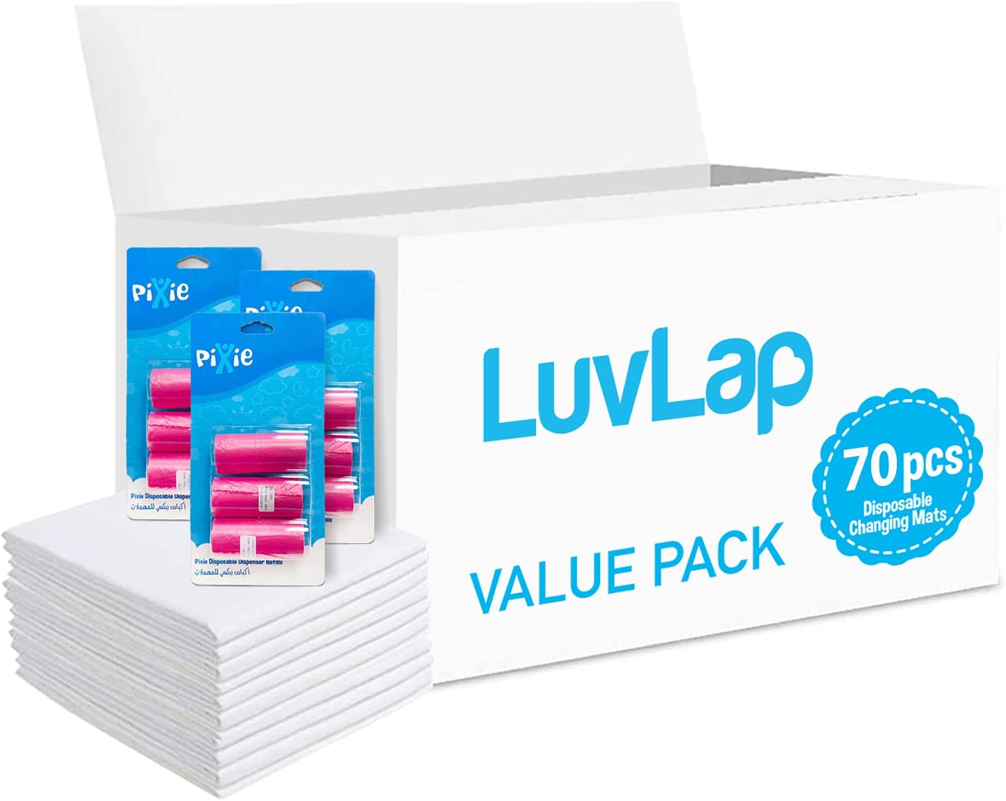 LUVLAP Changing Mat 70 + Pack of 3 Refill PINK (9 Rolls) 180 Nappy Bags