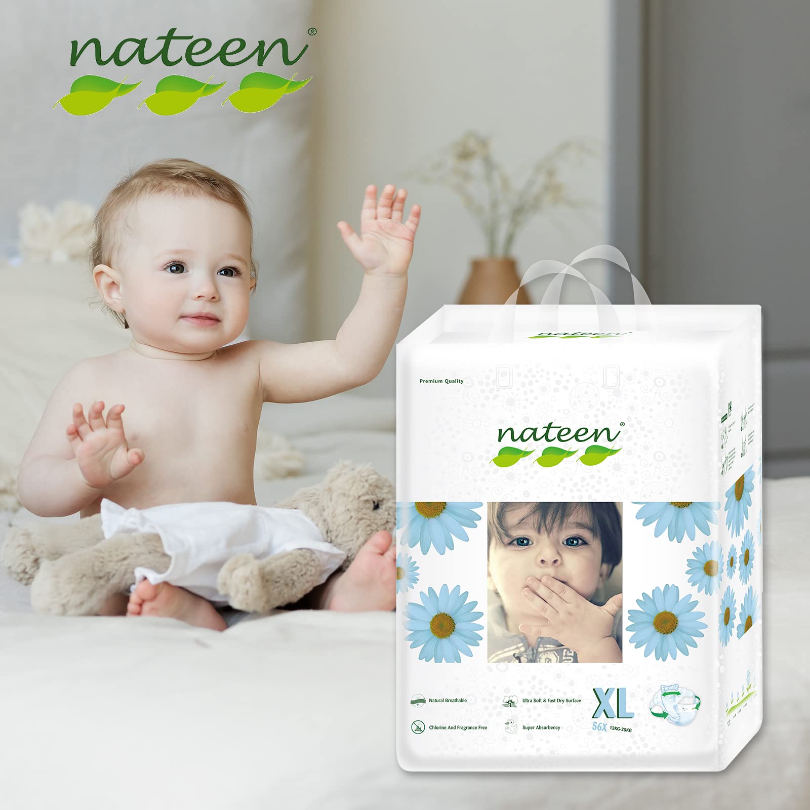 Nateen Premium Care Diaper,Size 5 (12-25kg),X-Large,56 Count Diapers,Super Absorbency,Natural Breathable Baby Diapers.