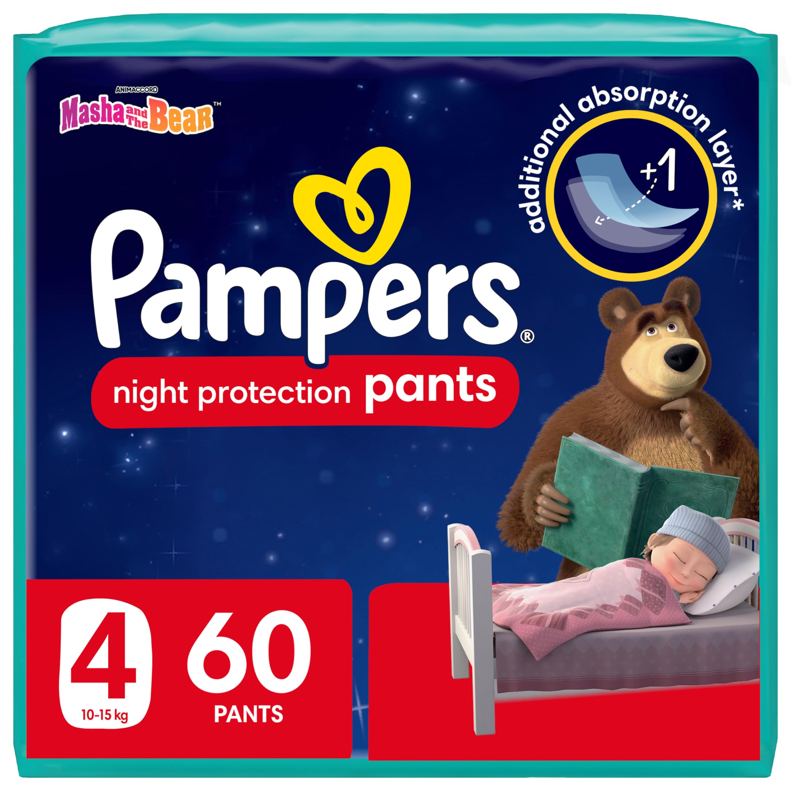 Pampers Baby-Dry Night Pants Diapers Additional Absorption Layer for Overnight Leakage Protection, Size 4, 10-15Kg, 60 Diaper Count