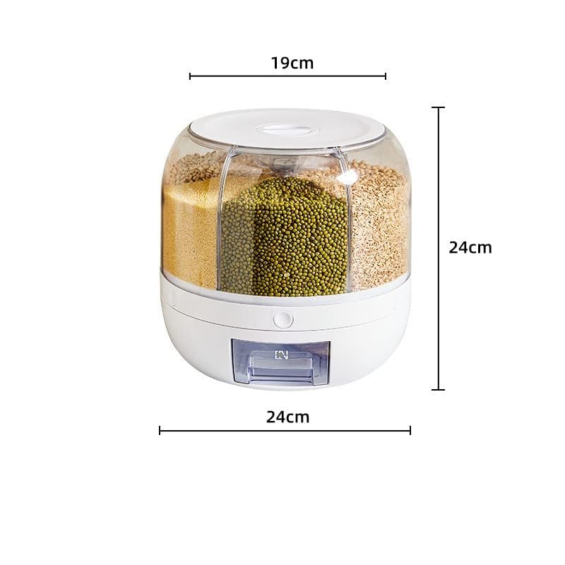 6 Grid Food Storage Dispenser Rice & Grain Storage Container 360° Rotating Rice Storage Bucket One-Click Round Rice Output for Grains for Grains, Snacks, Dog Food, Coffee Beans
