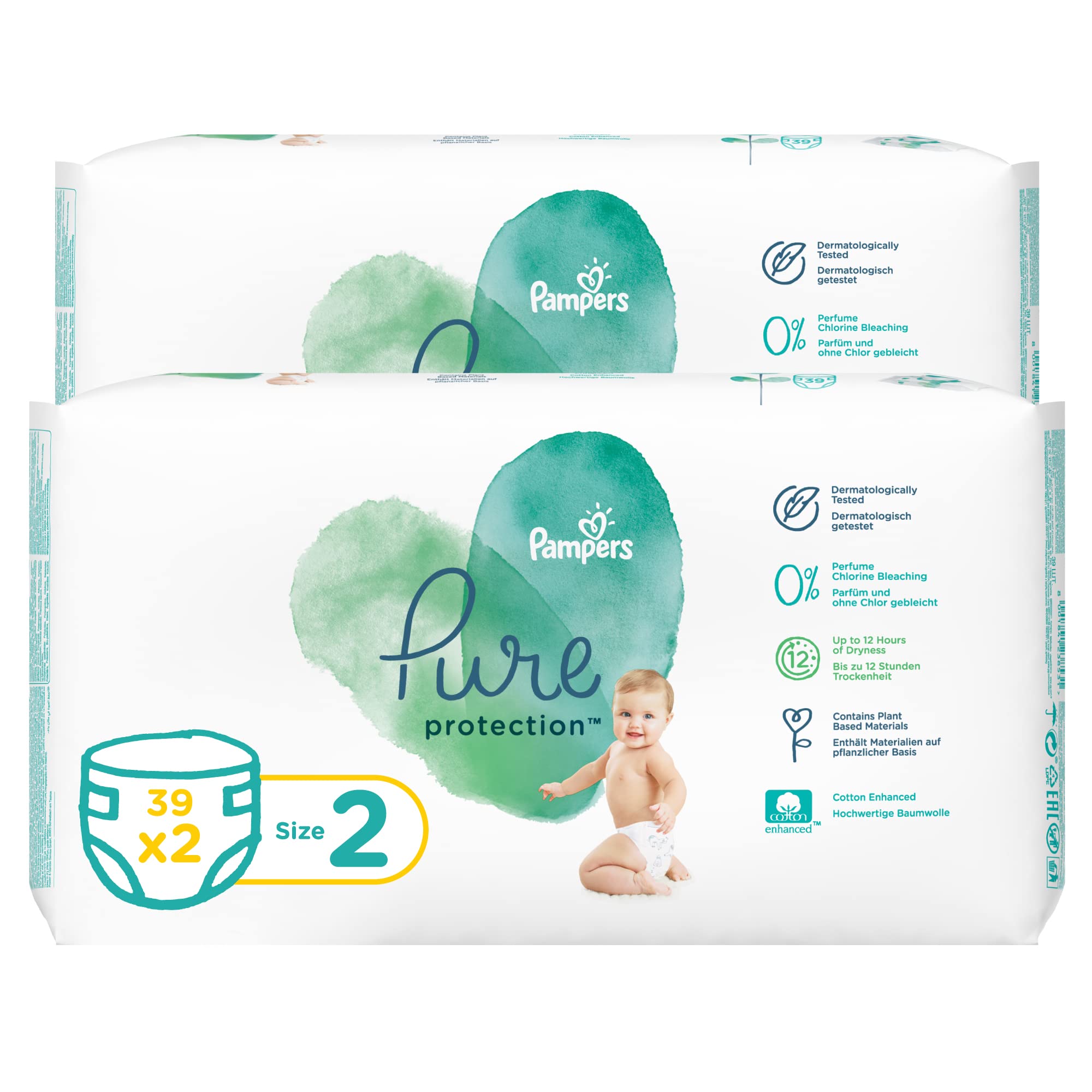 Pampers Pure Protection Dermatologically Tested Diapers, Size 2, 4-8Kg, 78 Diaper Count, Pack Of 2 Pieces