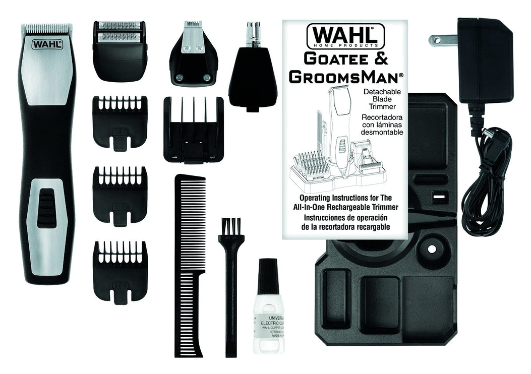مجموعة WAHL Groomsman Pro القابلة لإعادة الشحن، متعددة الاستخدامات، ماكينة تشذيب اللحية والجسم، 9 أطوال قص مختلفة للرجال، أسود/فضي، 09855-1227 بوصة