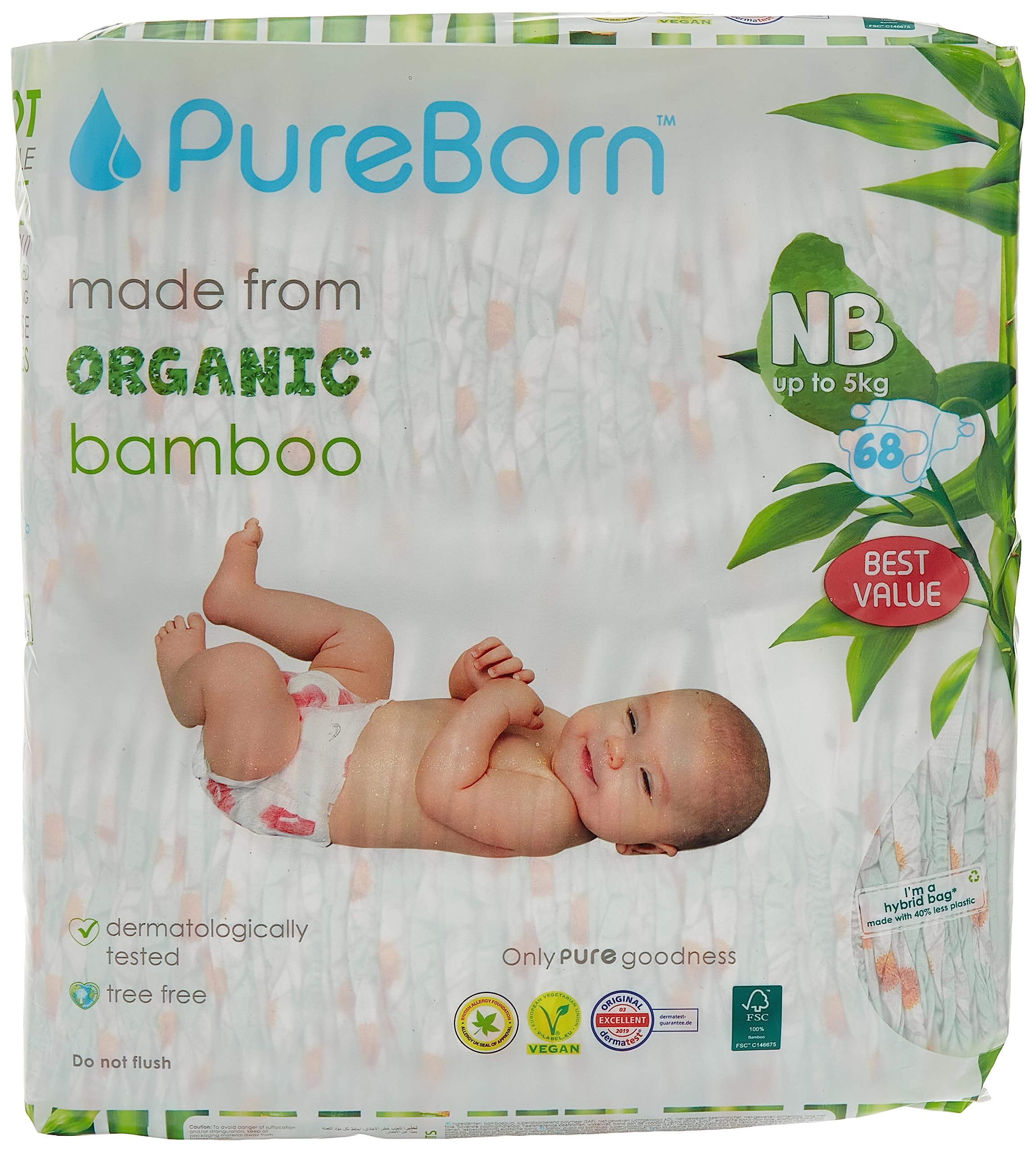 Pureborn Organic-Natural Bamboo Baby Disposable Diapers-Nappy -Value Pack- From 0 To 4.5 Kg - 68 Pcs