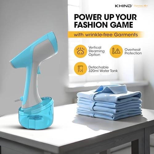 KHIND 1600W Handheld Garment Steamer with 320ml Detachable Tank & Vertical Steam, Ceramic Coated Plate with Auto-off Feature, 1.8m Lengthy Rotatable Cord 320 ml 1.63 W HS1632C Blue