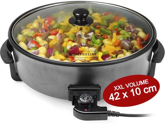 PP18214 Electric Snack Pan XXL with 4 Compartments - 1500W - Ø42cm - Large Multifunctional Party Pan XXL - Electric Pan with Non-Stick Coating - Black