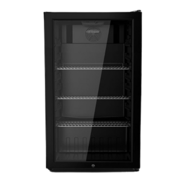 General Gold 90L Showcase Cooler Black GGVC90BB | Glass Door Beverage Refrigerator with Fan Cooling, Hand Recessed Handle, Lock & Key, 3 Shelves – Compact Display Chiller