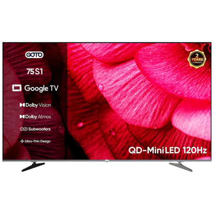تلفزيون GOTO الذكي 75 بوصة بتقنية QD-MiniLED بدقة 4K من جوجل، مزود بمعزز ألعاب 120 هرتز، وتقنية Dolby Vision، ومضخم صوت مدمج، مع دعم وتحديث مجاني للبرامج لمدة عام واحد G75GQMU1SD120