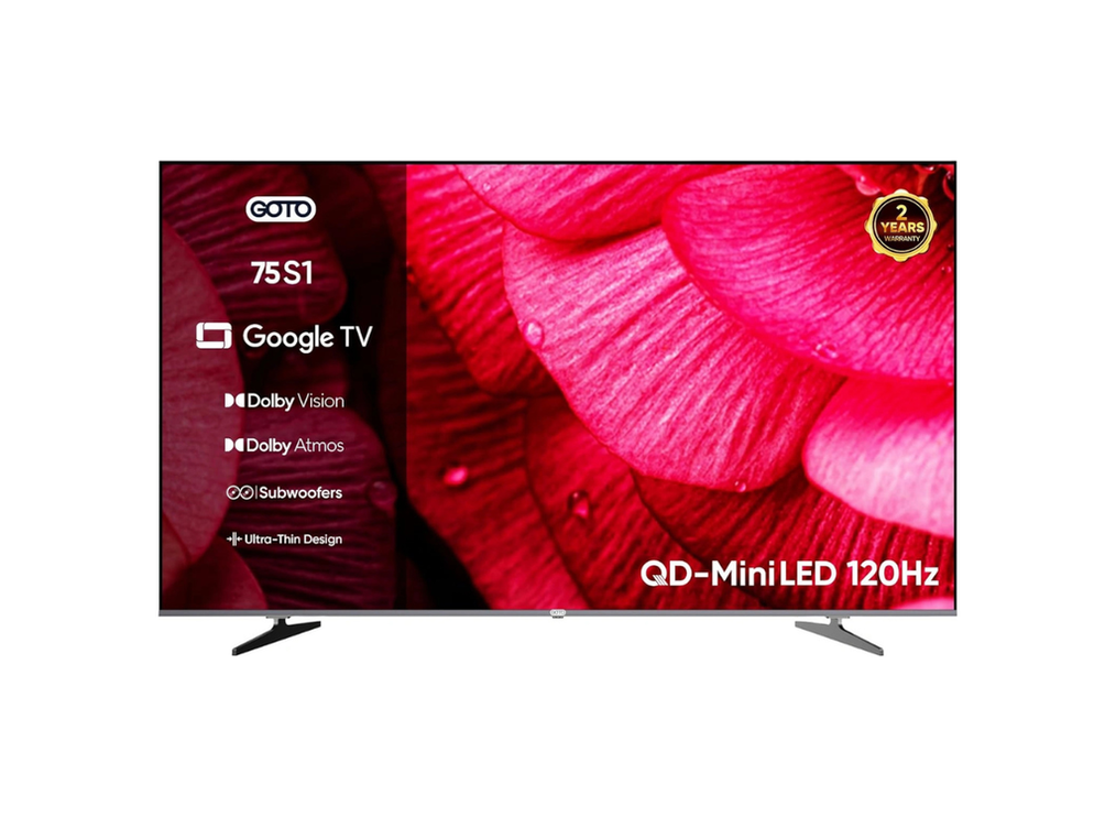 تلفزيون GOTO الذكي 75 بوصة بتقنية QD-MiniLED بدقة 4K من جوجل، مزود بمعزز ألعاب 120 هرتز، وتقنية Dolby Vision، ومضخم صوت مدمج، مع دعم وتحديث مجاني للبرامج لمدة عام واحد G75GQMU1SD120
