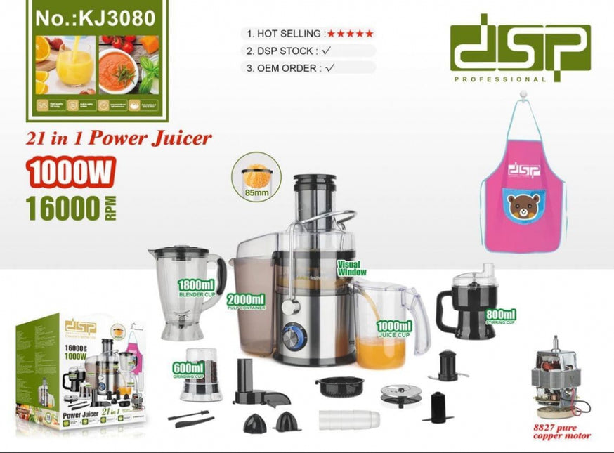 Dsp 21-In-1 Multi-Purpose Power Juicer Kj3080 1000W 16000Rpm 8827 Pure Copper Motor with Temperature Control Squeeze, Silver/Black