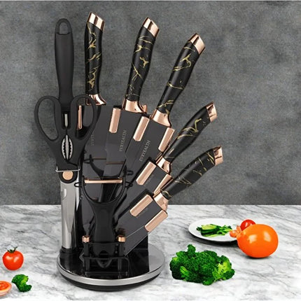 OSOOKE 9-Piece Black Non-Stick Kitchen Knife Set, Rose Gold Marble Handle, Integrated Knife Holder