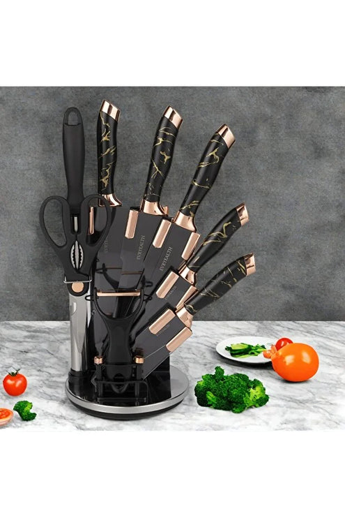 OSOOKE 9-Piece Black Non-Stick Kitchen Knife Set, Rose Gold Marble Handle, Integrated Knife Holder