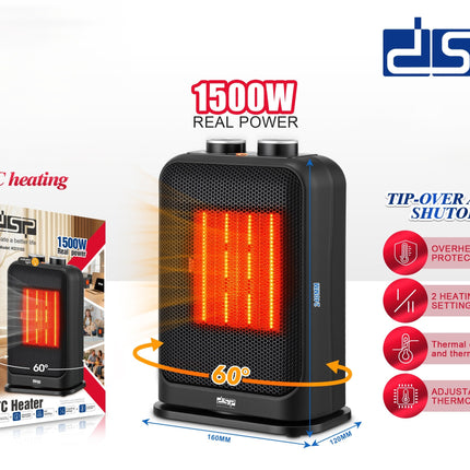 DSP 1500W PTC Fan Heater - 2 Heat Settings with Adjustable Thermostat, 60° Oscillation & Tip-Over Protection