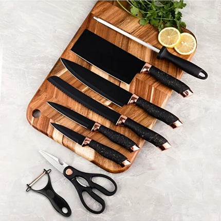 OSOOKE 9-Piece Black Non-Stick Kitchen Knife Set, Rose Gold Marble Handle, Integrated Knife Holder