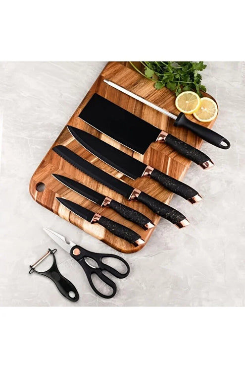 OSOOKE 9-Piece Black Non-Stick Kitchen Knife Set, Rose Gold Marble Handle, Integrated Knife Holder