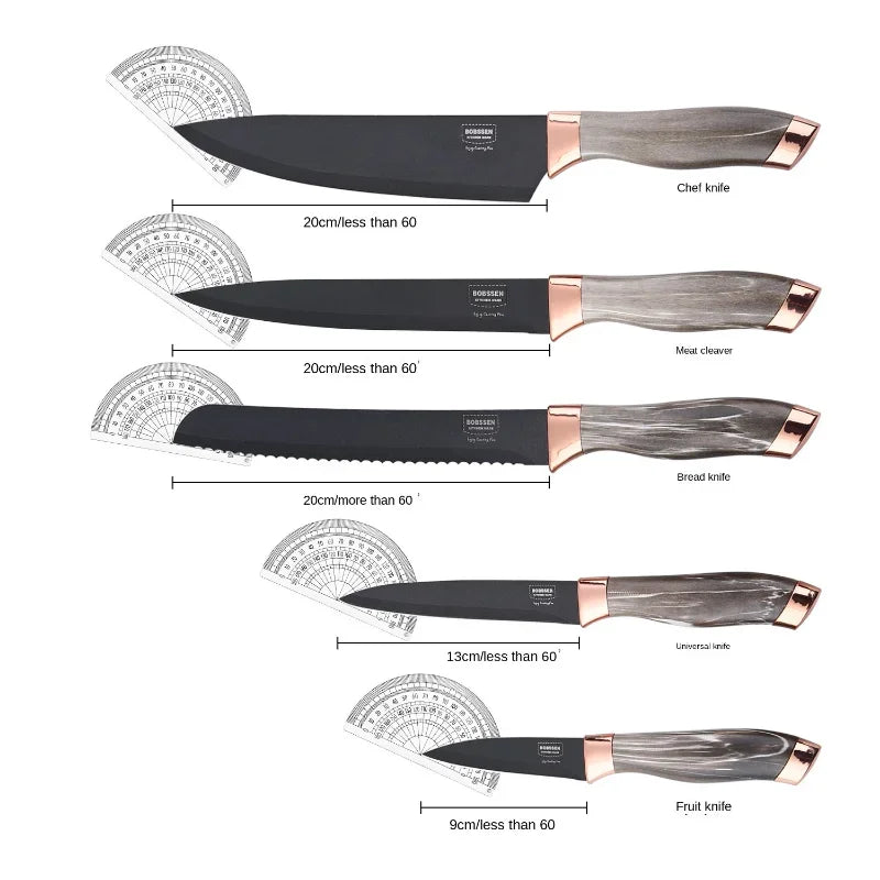 BOBSSEN 5 Pcs Knife Set with holder - (White-Gray-Black)/ طقم سكاكين من بوبسين . 5 قطع مع - (أبيض-رمادي-أسود)
