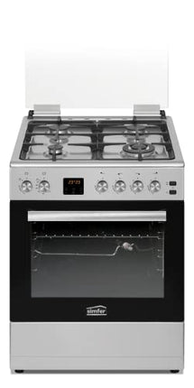 SIMFER SMF6069GCH SS 60x60 Gas Cooker, Gray Ceramic Oven with Catalytic Coating, Convection Fan, Cast Iron Pan Support, 3+1 Wok Burner, Removable Oven Glass, Round Baking Tray