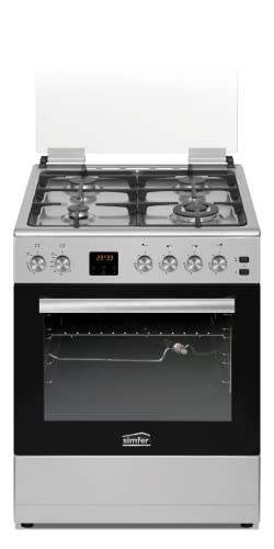 SIMFER SMF6069GCH SS 60x60 Gas Cooker, Gray Ceramic Oven with Catalytic Coating, Convection Fan, Cast Iron Pan Support, 3+1 Wok Burner, Removable Oven Glass, Round Baking Tray