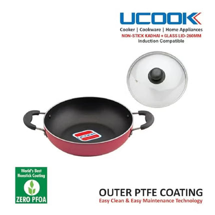 UCOOK by United Ekta Group Non-Stick Deep Kadhai with Glass Lid DK0321 – 260mm / 3.5L | Induction & Gas Compatible | Durable Non-Stick Coating | Cool-Touch Handles | Red