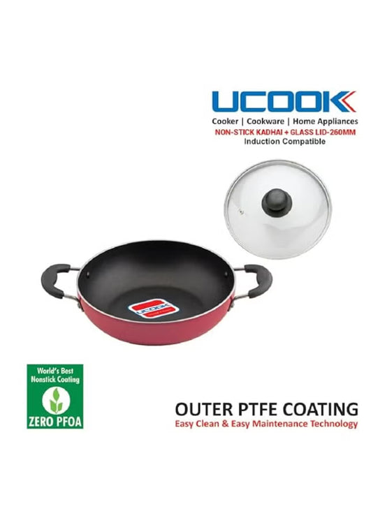 UCOOK by United Ekta Group Non-Stick Deep Kadhai with Glass Lid DK0321 – 260mm / 3.5L | Induction & Gas Compatible | Durable Non-Stick Coating | Cool-Touch Handles | Red