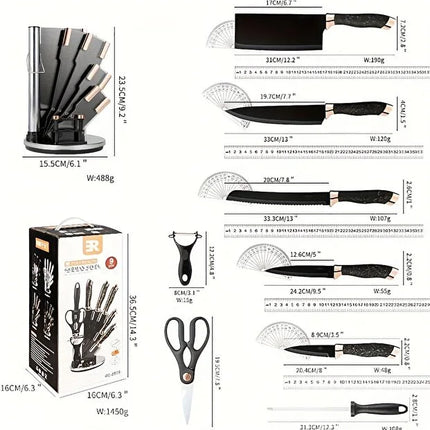 OSOOKE 9-Piece Black Non-Stick Kitchen Knife Set, Rose Gold Marble Handle, Integrated Knife Holder