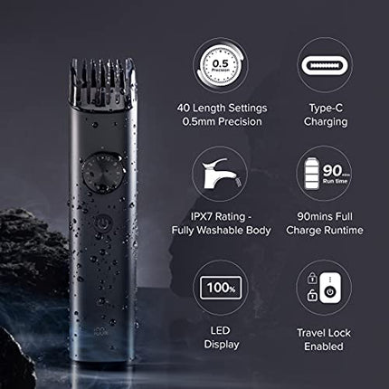 Mi XXQ03HM Xiaomi Corded + Cordless Beard Trimmer 2 with Type-C Fast Charging, LED Display, Waterproof, 40 Length Settings, Stainless Steel Blades, 90 mins Cordless Runtime, Travel Lock, Black