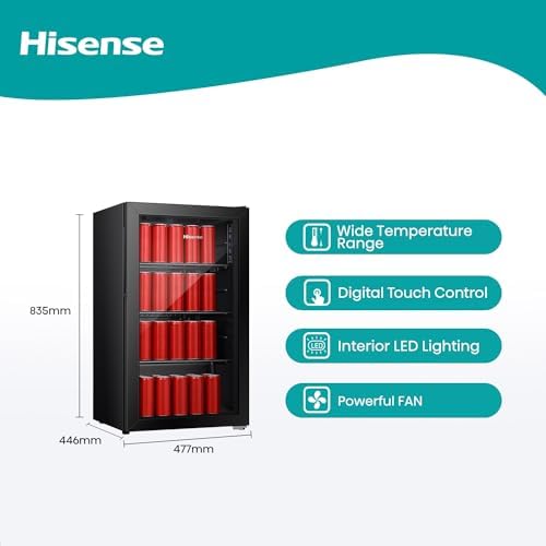 Hisense RBC122N4ASU Beverage Cooler with 69 Cans / 113 Bottles, Digital Touch Control, Recessed Handle, Adjustable Glass Shelves, Glass Door, Interior Light -