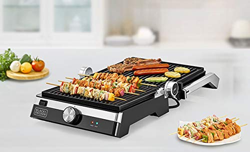 BLACK+DECKER Family Health Grill, 2000W, 1500 cm² Double Grilling, Non-Stick & 180° Full Flat Grill, Temperature Control, 5 Adjustable Heights, Die Cast Aluminium Plates, , CG2000-B5