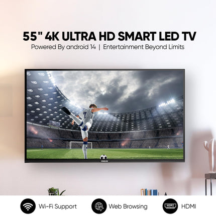 Nikai 55-inch 4K Ultra HD Smart LED TV, Android 14, 1GB RAM, 8GB Storage, Quad-Core Processor, Built-in Wi-Fi, USB & HDMI Ports, Slim Bezel - 55NK4KSLED