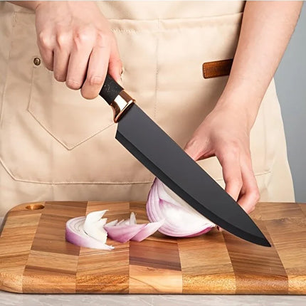 OSOOKE 9-Piece Black Non-Stick Kitchen Knife Set, Rose Gold Marble Handle, Integrated Knife Holder
