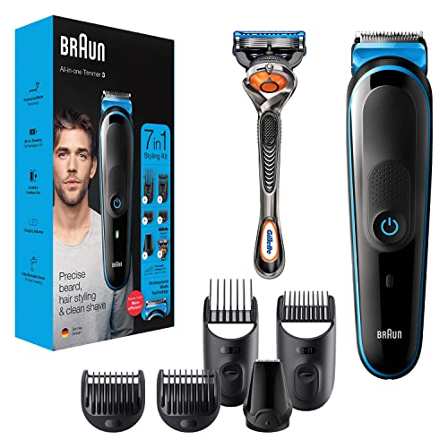 Braun All-In-One Trimmer 7-In-1 Beard Trimmer, Hair Clipper, Detail Trimmer, Rechargeable, With Gillette Proglide Razor, Blackblue