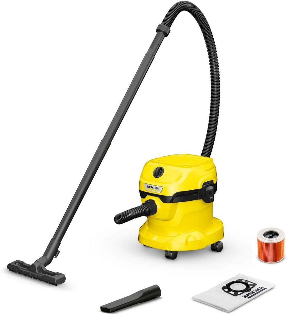 Karcher WD 2Plus V-12/4/18/C Solid-Liquid Extractor Function, 1000 W, Plastic Container: 12 l, Suction Hose: 1.8 m, Cartridge Filter, Floor and Crevice Nozzle 1.628-009.0, V, Yellow