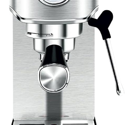 SPJ 20-Bar Espresso Coffee Machine with Professional Pump, Stainless Steel Espresso Maker, Real-Time Pressure Gauge, 1L Removable Water Tank, Cappuccino & Latte Maker, Silver, 1-Year Warranty