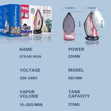 dsp steam iron, steam iron portable, steam spray iron, 2200W with Ceramic-Coated Soleplate, 275ml Water Tank, Powerful Steam Burst, Self-Cleaning, KD1096