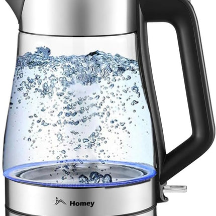Homey Electric Glass Kettle 1.7L Capacity 1850-2200W Fast Boiling, Boil Dry Protection, Auto shut-off, LED Indicator, 1 year manufacturer warranty