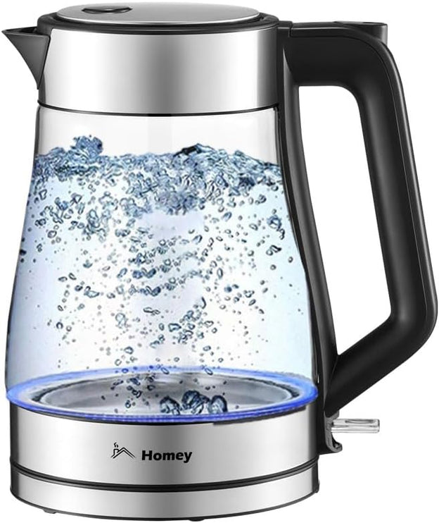 Homey Electric Glass Kettle 1.7L Capacity 1850-2200W Fast Boiling, Boil Dry Protection, Auto shut-off, LED Indicator, 1 year manufacturer warranty