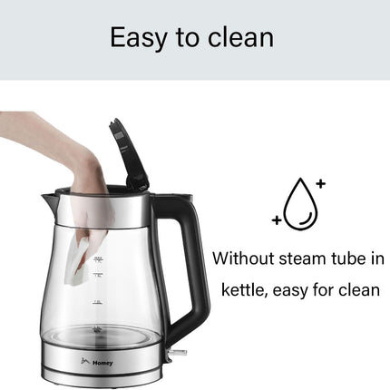 Homey Electric Glass Kettle 1.7L Capacity 1850-2200W Fast Boiling, Boil Dry Protection, Auto shut-off, LED Indicator, 1 year manufacturer warranty