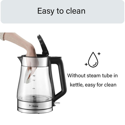 Homey Electric Glass Kettle 1.7L Capacity 1850-2200W Fast Boiling, Boil Dry Protection, Auto shut-off, LED Indicator, 1 year manufacturer warranty