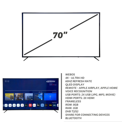 General Gold Smart TV 70" QLED 4K UHD, 2024 NEW Model, WebOS Television, WiFi Bluetooth, Voice Recognition, Frameless Design, Netflix, YouTube, Prime Video (70 inch)