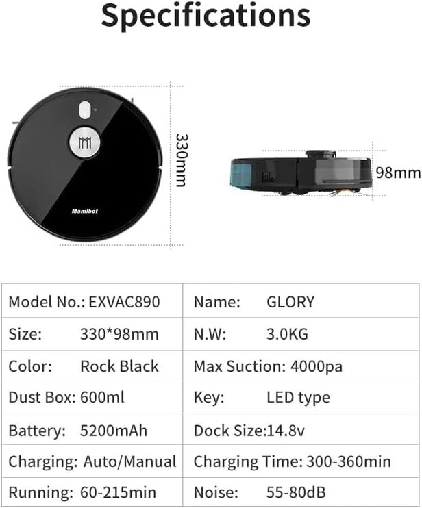 Mamibot EXVAC890 Glory 4th Generation LDS Slam Robot Vacuum Cleaner with Self-emptying Dust Box and Dust Collector with Max 4000pa Vacuuming Power