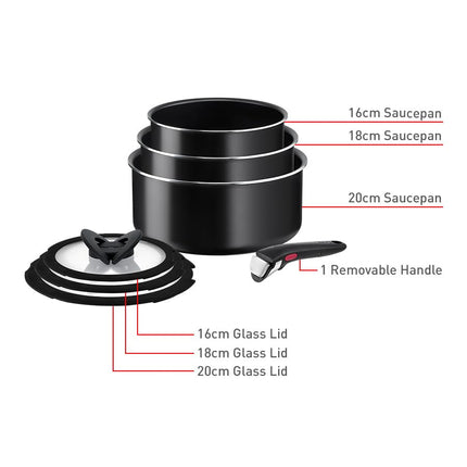 Tefal Cooking Set, Ingenio Easy On 7-piece Stackable cookware set with a removable handle, Non-Stick Coating, Heat Indicator, Diffusion Base, Healthy Cooking, Safe Cookware, Made in France, L1599602