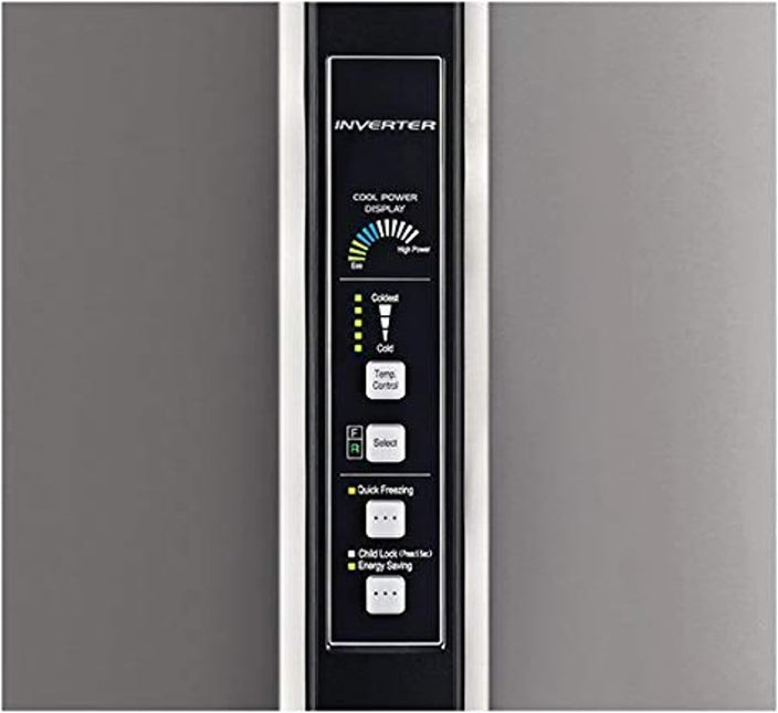 هيتاشي 990L ثلاجة جروس الفاخرة ذات البابين العلويين RV990PUK1KBSL، ضمان 10 سنوات على ضاغط العاكس، ثلاجة ببابين، تبريد بمروحتين، لوحة LED، صينية ثلج ملتوية، لون فضي لامع