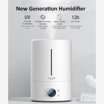 Deerma F628S Touch Display Smart Humidifier for Home | Rooms | Office | Households | 5Liters Capacity UV Lamp Sterilization 3 Gear Mist Volume 12H Timing Touch Display 30dB Low Noise - White