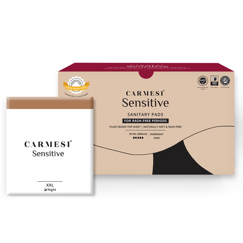 Carmesi Sensitive Sanitary Pads - Pack of 30 Pads (XL) - Certified 100% Rash-Free by Gynecologist - Natural Plant Top Sheet - No Fragrance, No Chlorine - With Disposal Bags