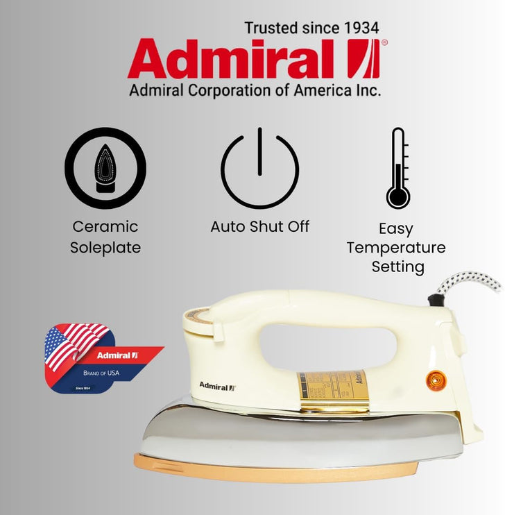 مكواة أدميرال الجافة الثقيلة، بقدرة 2400 واط مع طلاء قاعدة سيراميك ذهبي، ووظيفة إيقاف التشغيل التلقائي - ADDI79B (ضمان لمدة عام واحد)