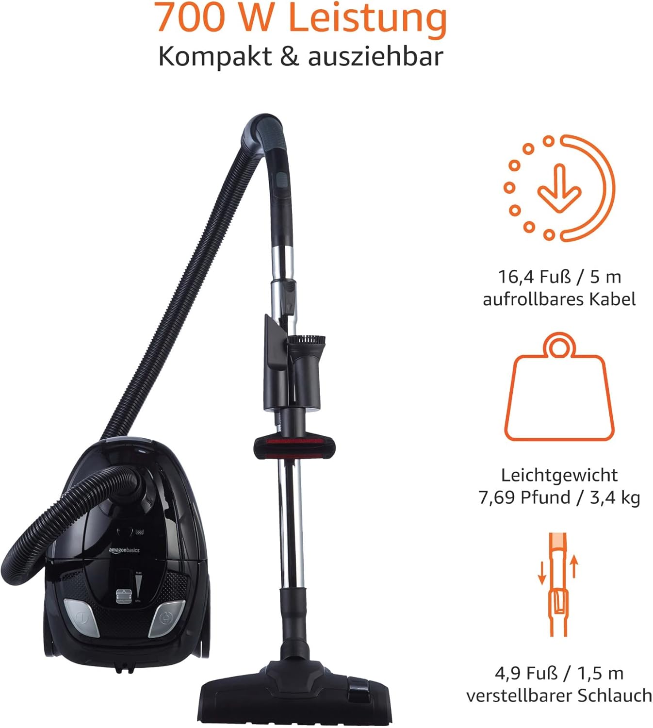 Amazon Basics Powerful Compact Lightweight Vacuum Cleaner with Bag for Hard and Carpeted Floors HEPA Filter 700 W 1.5 L  Black