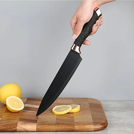 OSOOKE 9-Piece Black Non-Stick Kitchen Knife Set, Rose Gold Marble Handle, Integrated Knife Holder