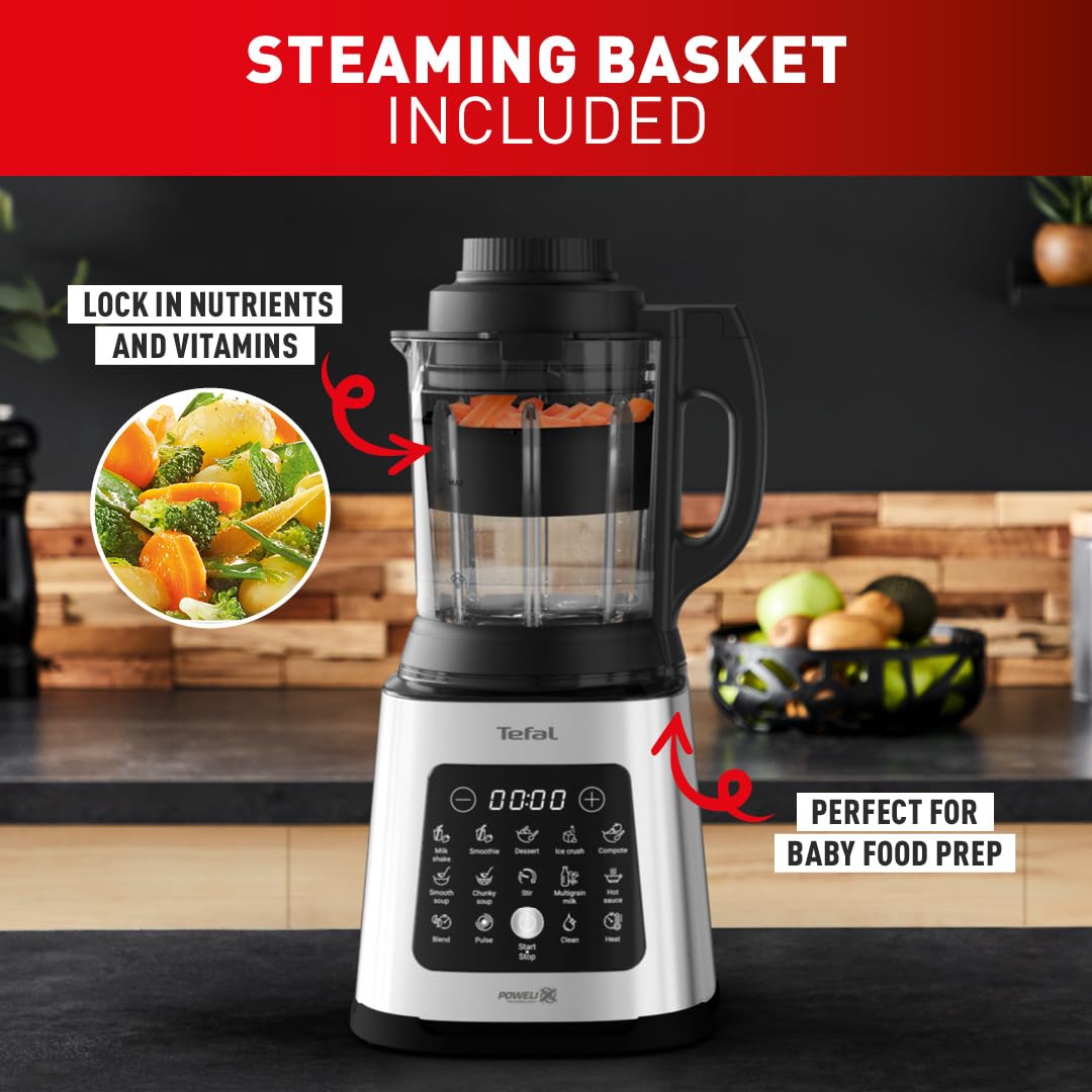 Tefal Blender & Soup Maker Perfectmix Cook, 2L, 10 Auto Programs, Smoothie Maker, Removable Blades, Cleaning Program & Brush, Glass Jug, Tamper, Hot & Cold Kitchen Blender, Cooking, BL83SD65