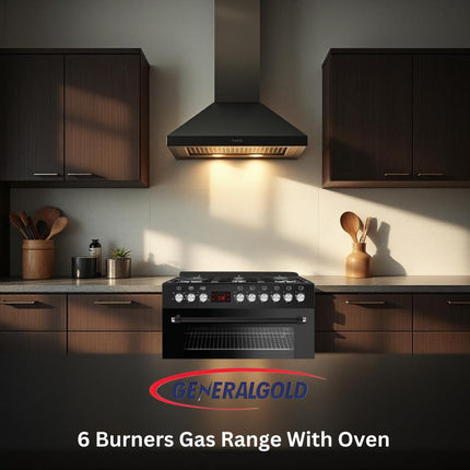 General Gold 6 Burner Gas Cooking Range 90x60 cm, Freestanding Cooker Italian Parts, Gas Oven Grill with Triple Glass Door, Dual Wok Burners, Cast Iron Pan Support, Rotisserie, Heavy Duty Stove