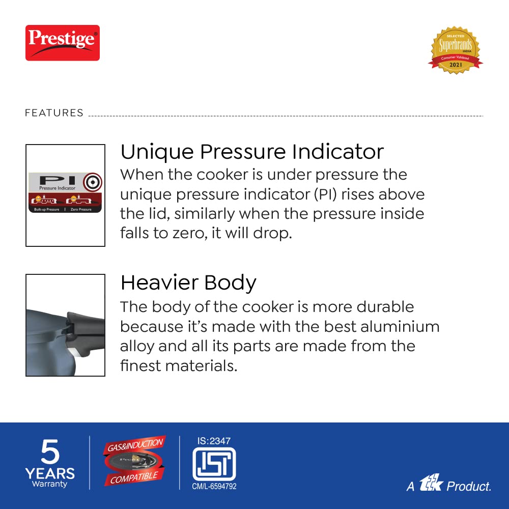 Prestige Deluxe Plus Hard Anodised Pressure Cooker 5 Ltr |Aluminium Pressure Cooker With Lid |Curved Design|User Friendly Handles Black