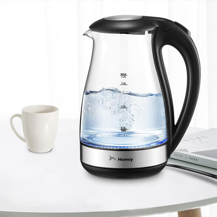 Homey Electric Glass Kettle 1.7L Capacity 1850-2200W Fast Boiling, Boil Dry Protection, Auto shut-off, LED Indicator, 1 year manufacturer warranty